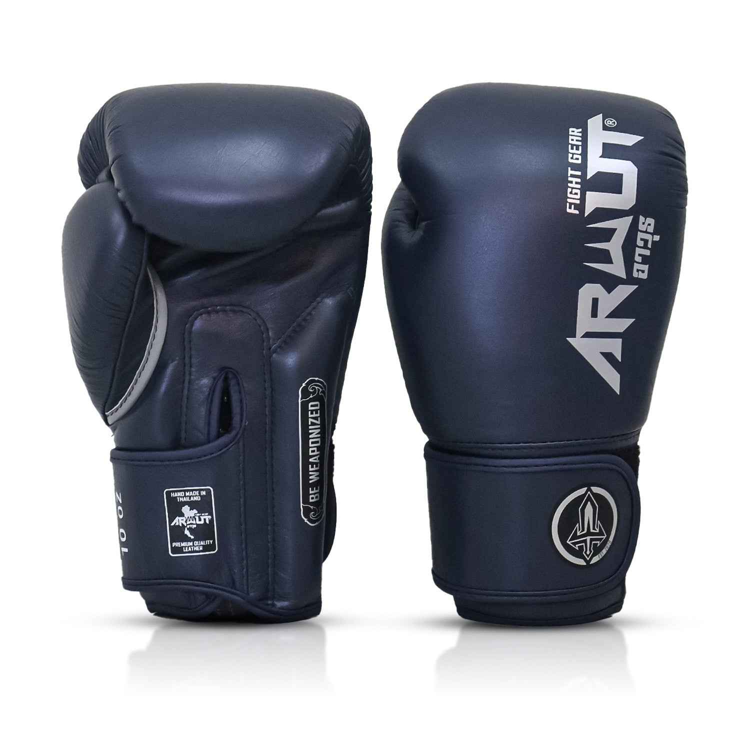Pair of navy blue boxing gloves with 'Arwut' branding on a white background