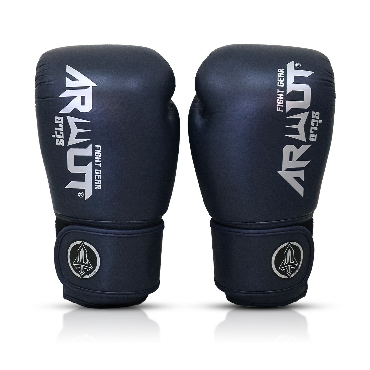 Pair of navy Muay Thai boxing gloves with 'Arwut' branding on a white background