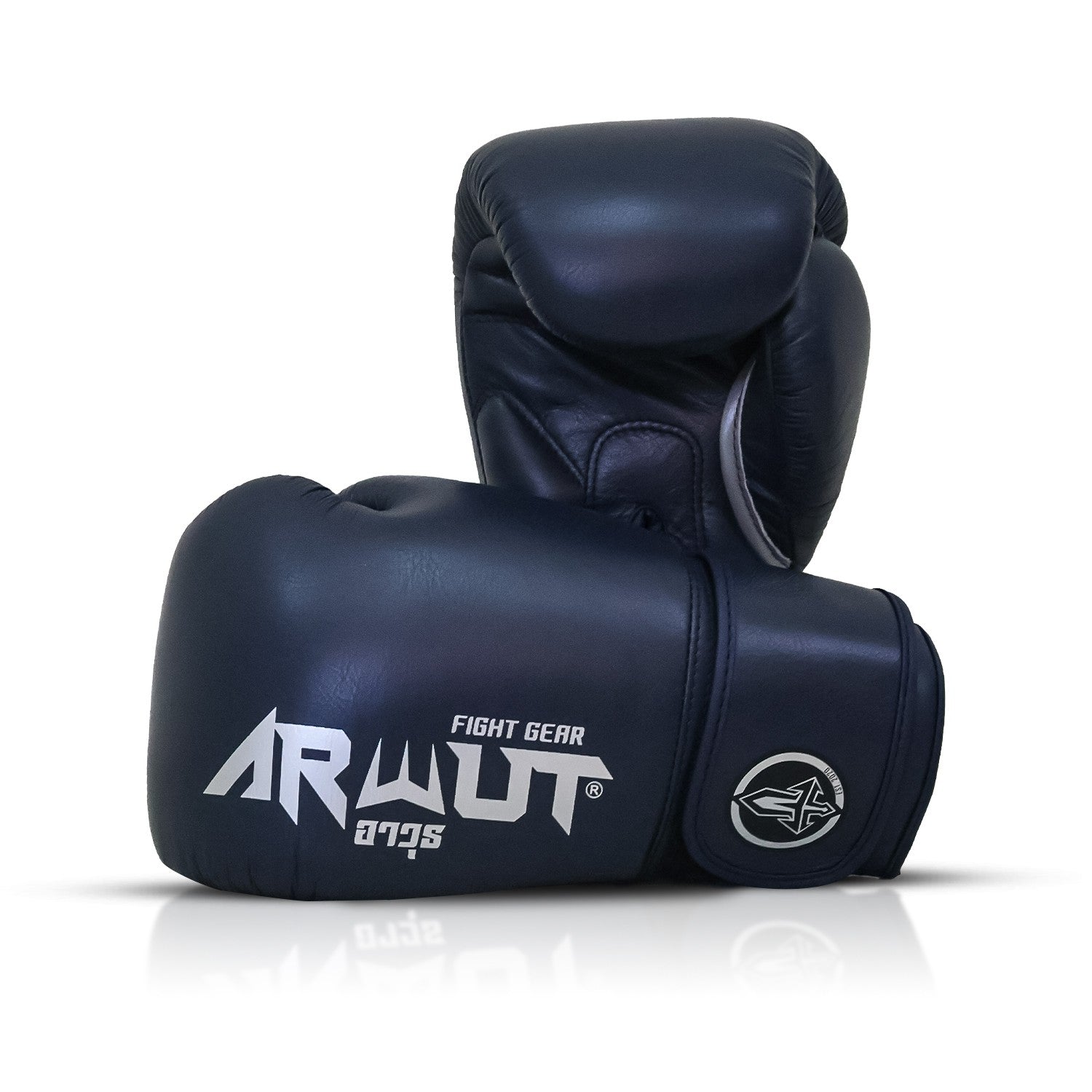 Pair of navy blue boxing gloves with 'ARWUT' branding on a white background