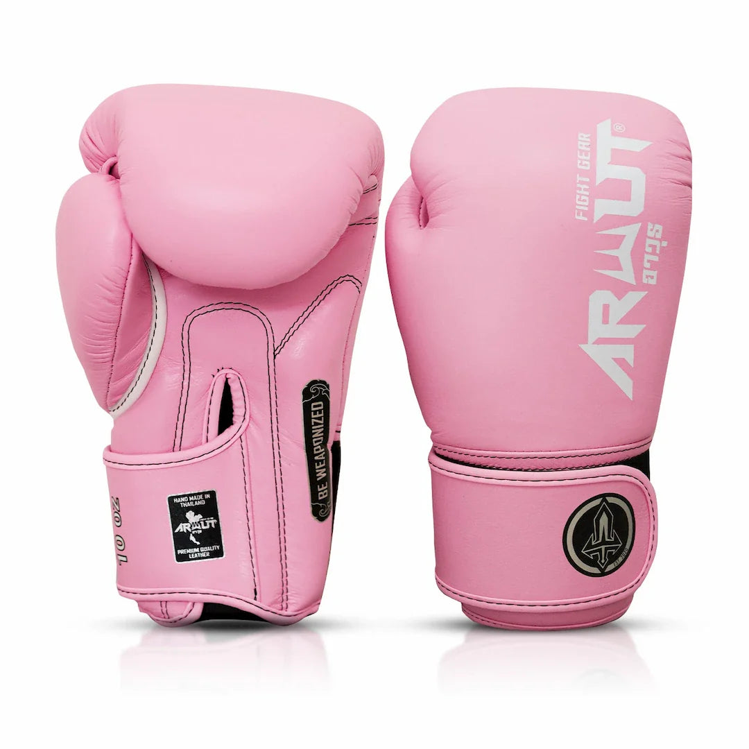 Pink boxing gloves with 'Arwut' branding on a white background