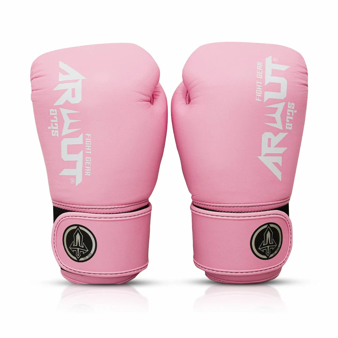 Pink boxing gloves with Arwut brand logo on a white background