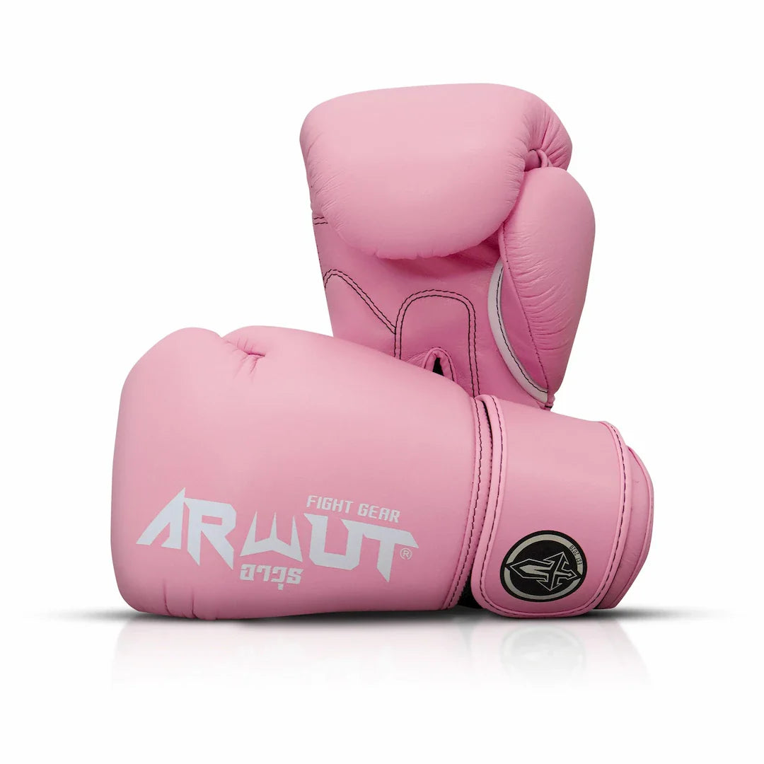 Pink boxing gloves with 'Arwut Fight Gear' branding on a white background