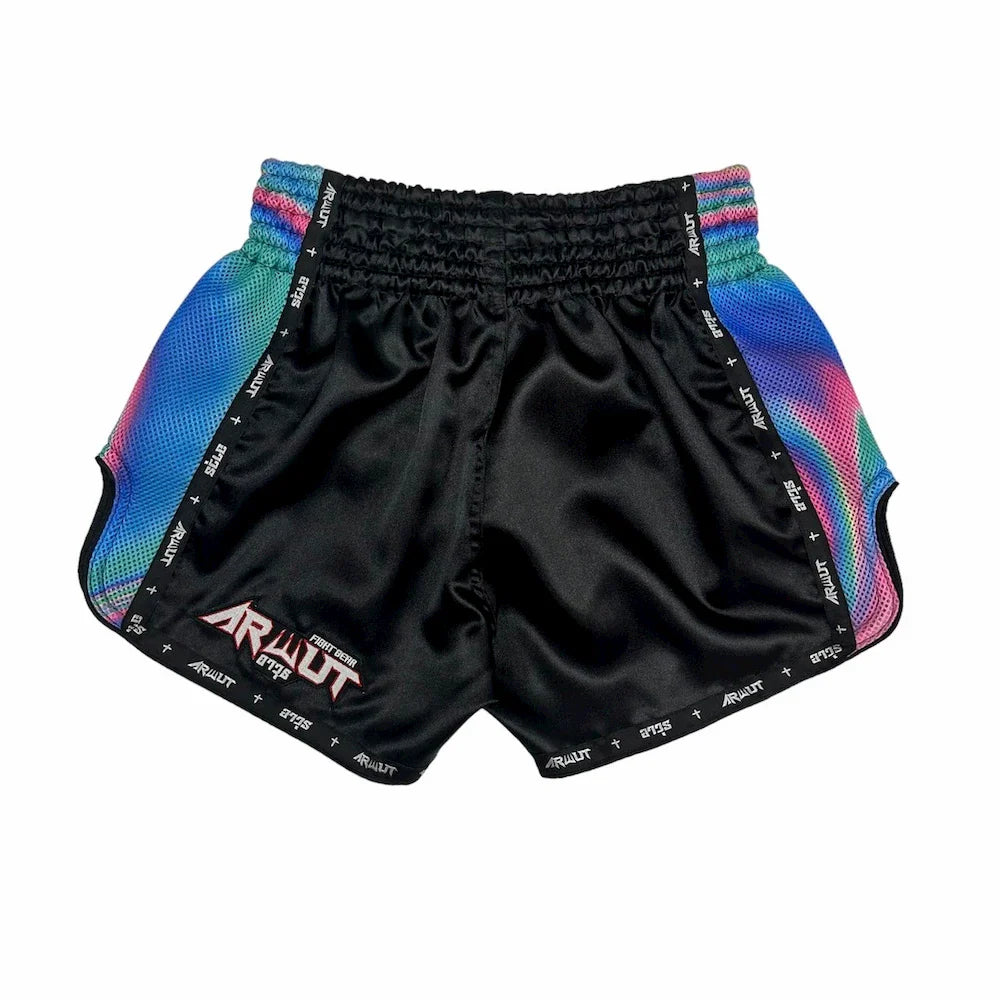 Black Muay Thai shorts with colorful side panels on a white background