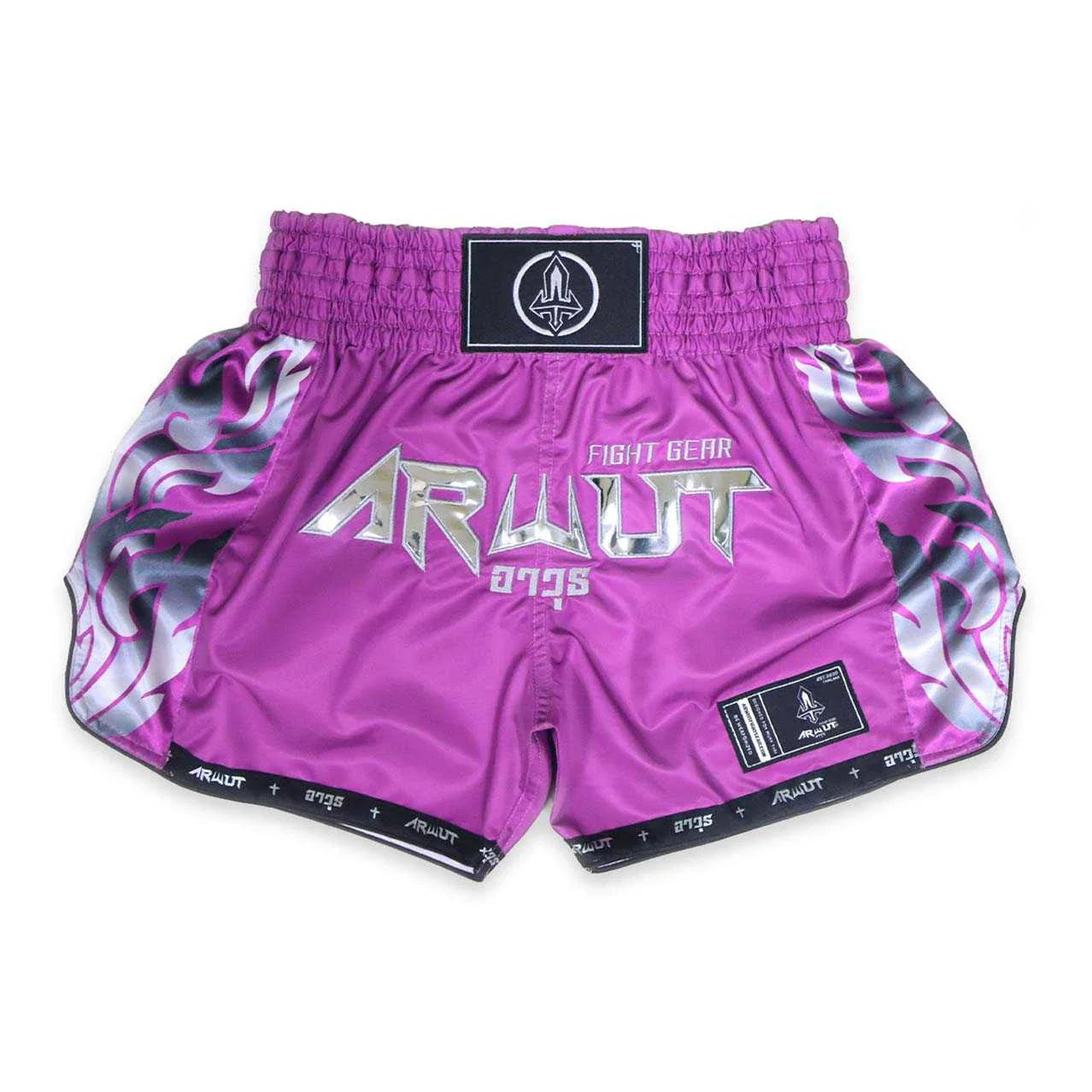 Purple Muay Thai shorts with white designs and 'ARWUT' branding on a white background