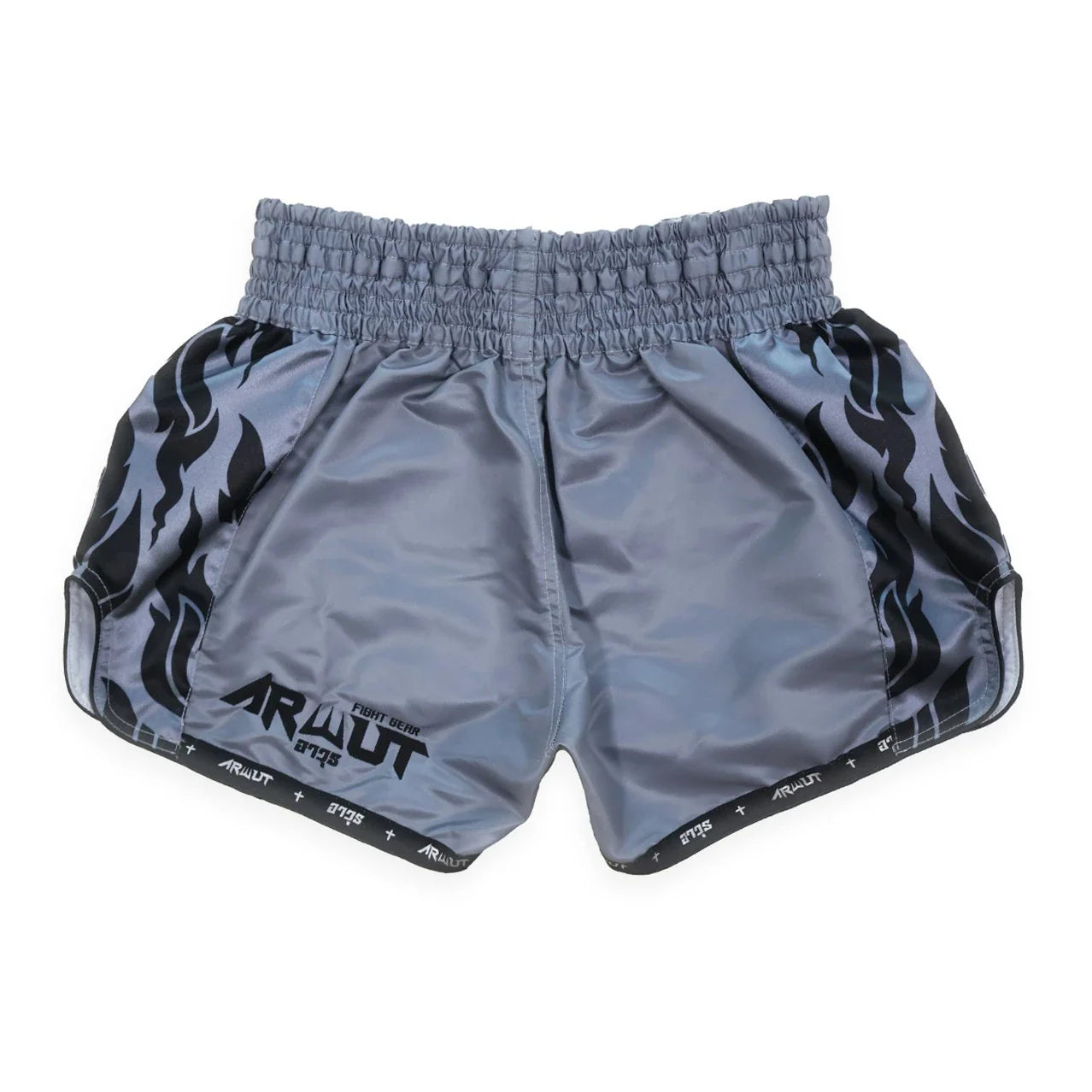 Gray Muay Thai shorts with black flame patterns and 'ARWUT' branding on a white background