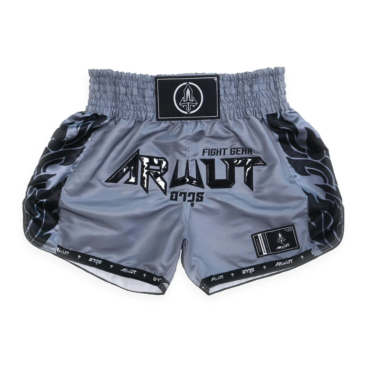 Gray and black Muay Thai fight shorts with 'Arwut' branding on a white background
