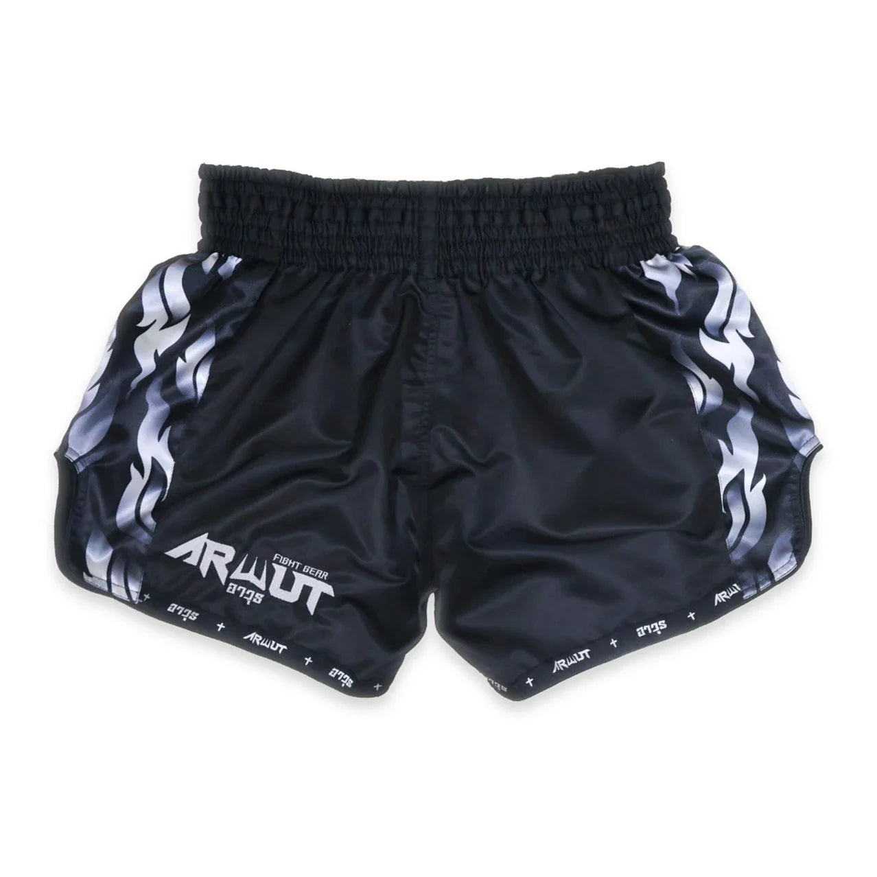 Black Muay Thai shorts with white flame patterns and branding on a white background