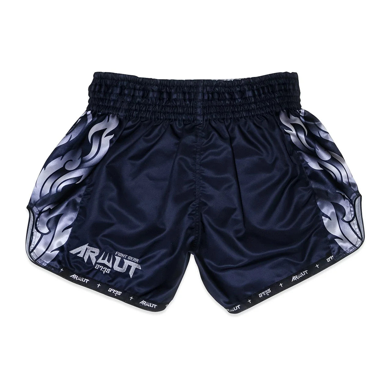 Navy blue Muay Thai shorts with white flame design on a white background