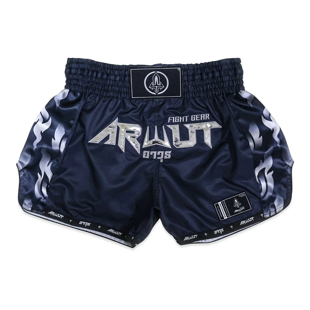 Navy blue Muay Thai shorts with white text and Arwut branding on a white background