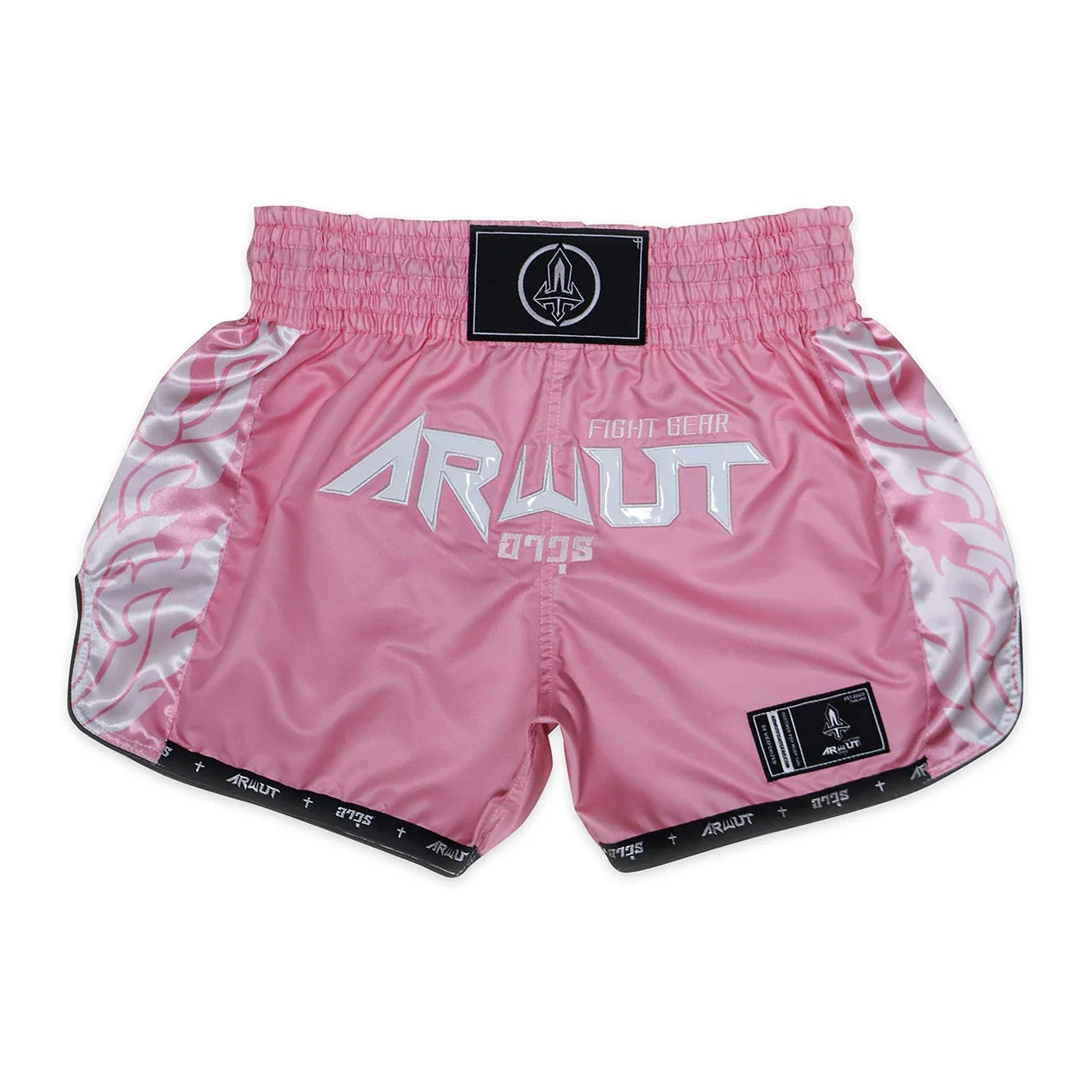 Pink thai boxing shorts with 'ARWUT' branding on a white background