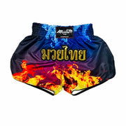 Blue and red Muay Thai shorts with flames on a white background