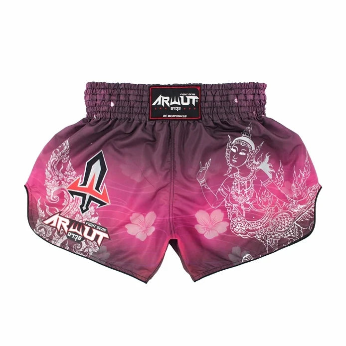 Pink and white Muay Thai shorts with brand logo on a white background