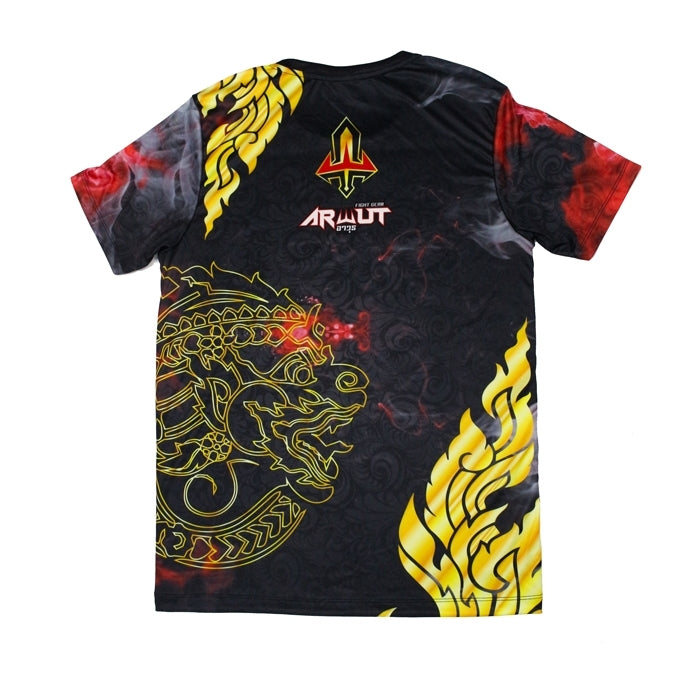 Black Arwut t-shirt with gold and red dragon design and brand logo on a white background