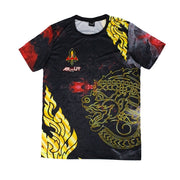 Black Arwut t-shirt with dragon and flame design on a white background