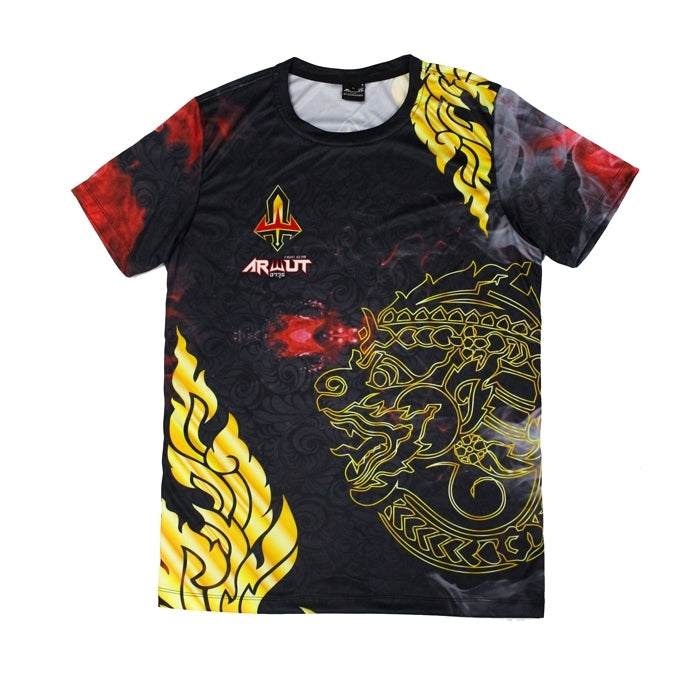 Black Arwut t-shirt with dragon and flame design on a white background