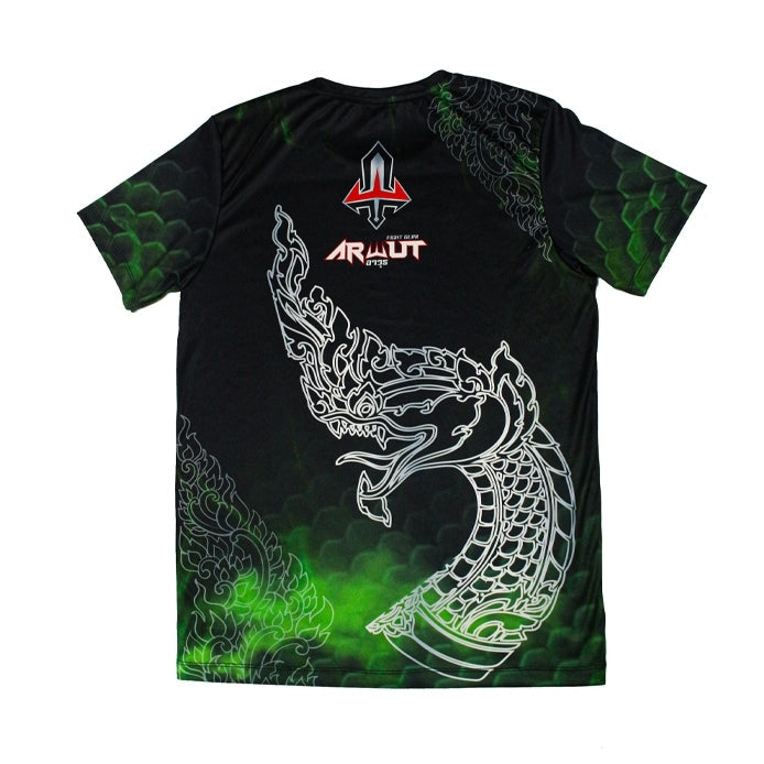 Black Arwut t-shirt with green and white dragon design and brand logo on a white background