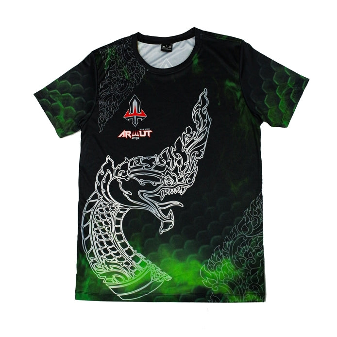 Black Arwut t-shirt with green and white dragon design and brand logo on a white background