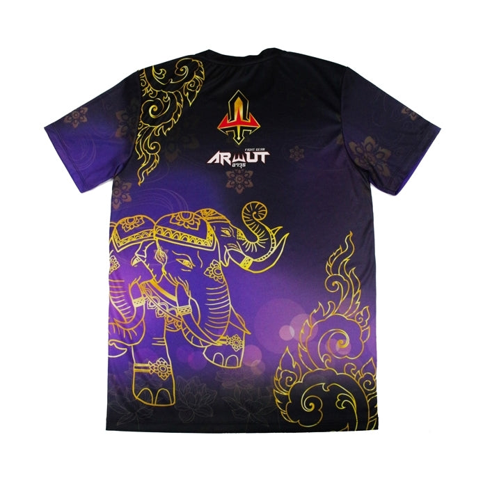 Black Arwut t-shirt with gold elephant design and brand logo on a white background