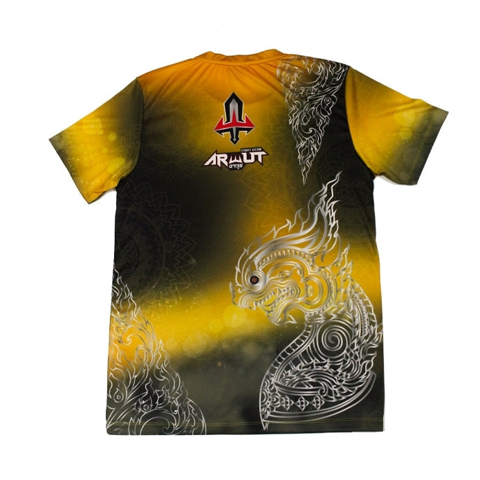 Yellow and black Arwut t-shirt with dragon design and brand logo on a white background