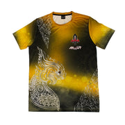 Yellow and black Arwut t-shirt with dragon design and brand logo on a white background