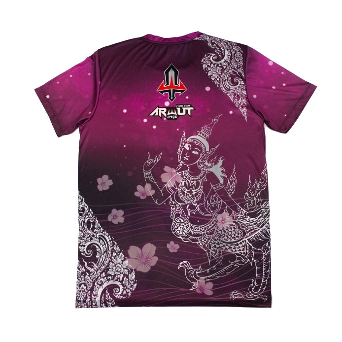 Purple Arwut t-shirt with white floral and decorative design on a white background