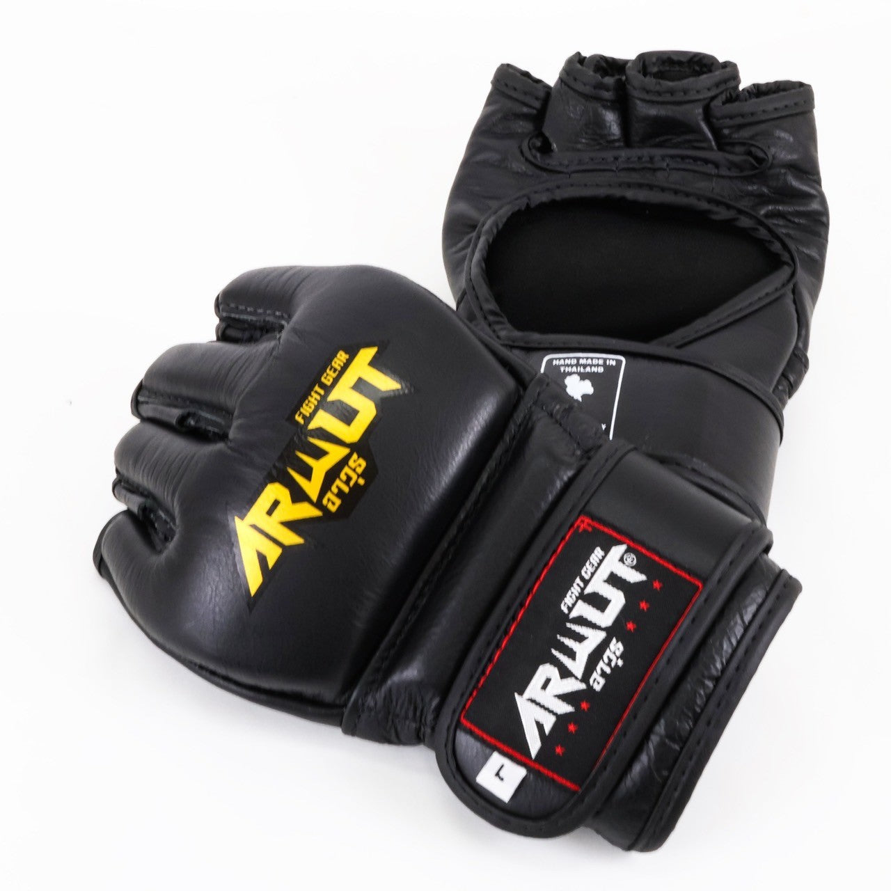 Black MMA gloves with visible Arwut branding on a white background