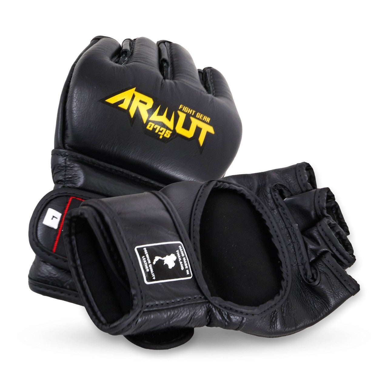 Black MMA gloves with yellow and white Arwut text on a white background