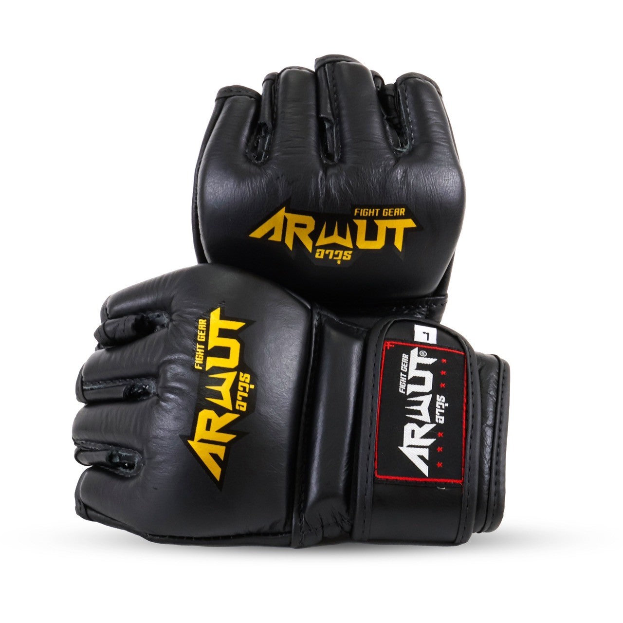 Black MMA gloves with yellow and red branding on a white background