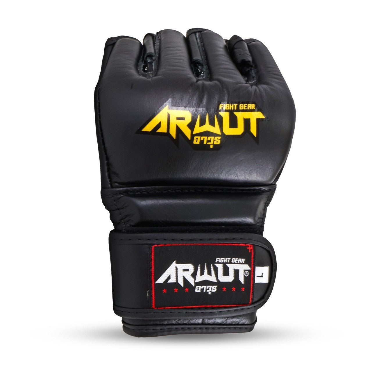 Black MMA fight glove with yellow and red branding on a white background