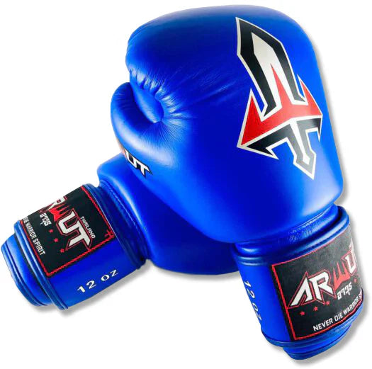 Blue Arwut boxing gloves with brand logo on a white background