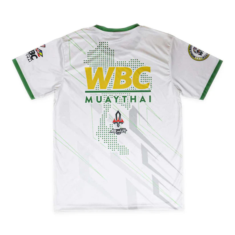 White sports jersey with 'WBC Muay Thai' branding on a white background