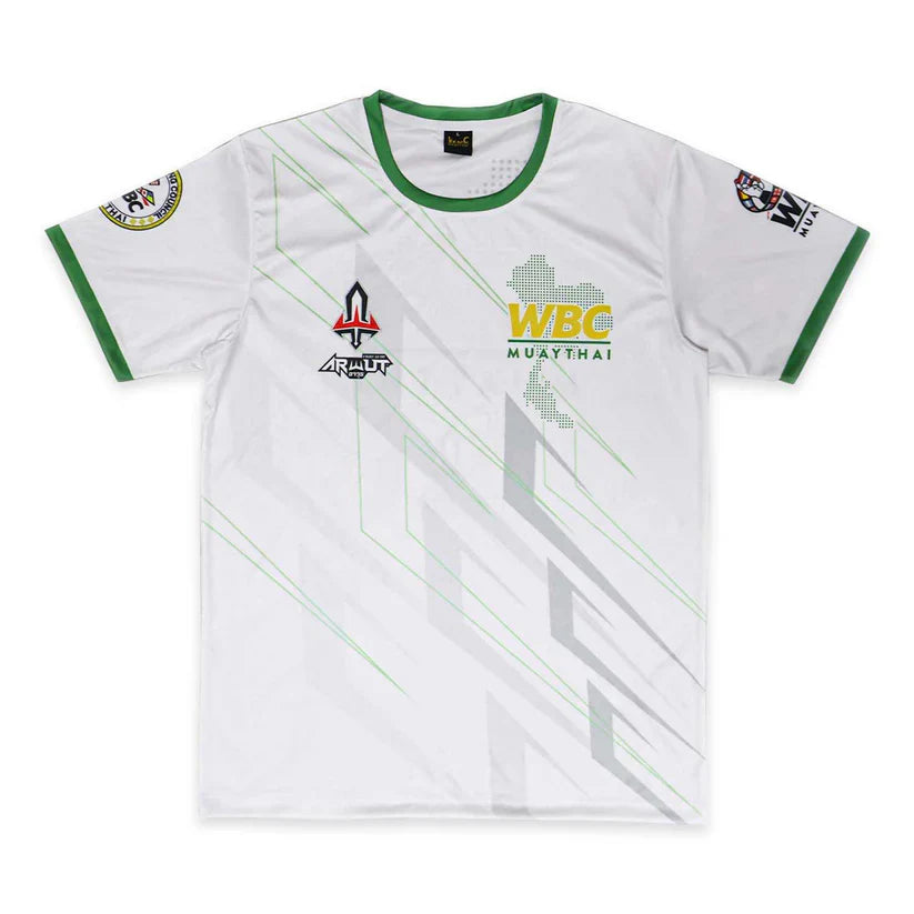 White sports jersey with green accents and various logos on a white background