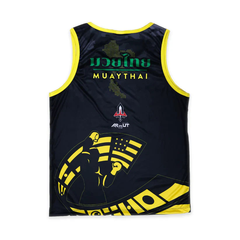 Black sleeveless sports jersey with yellow and green designs on a white background