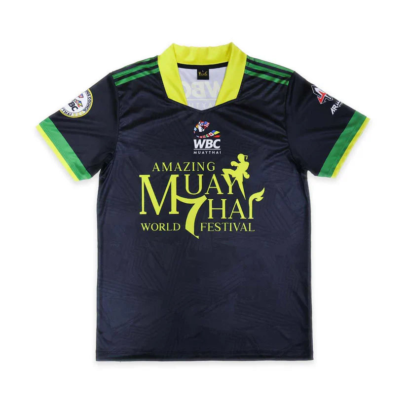 Navy blue sports jersey with green accents and 'Amazing Muay Thai World Festival' text on a white background