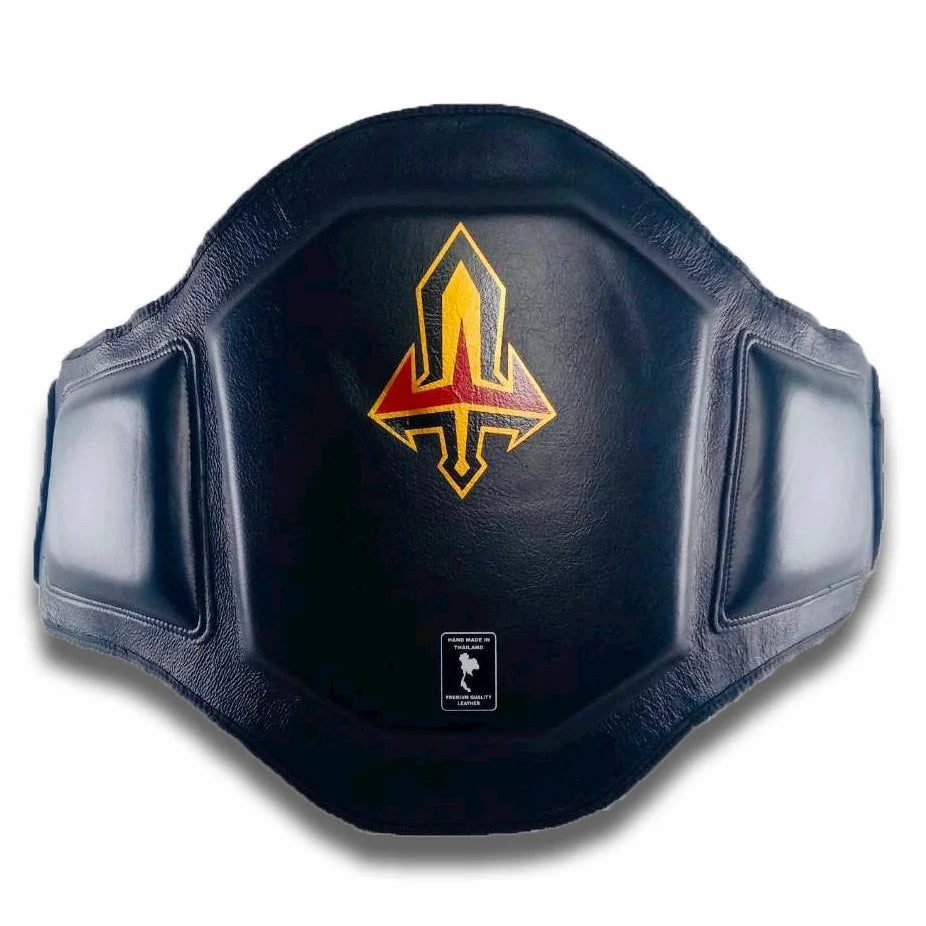 Black Muay Thai belly pad with a yellow and red emblem on a white background