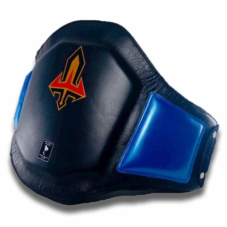 Black and blue Arwut belly pad with a logo on a white background