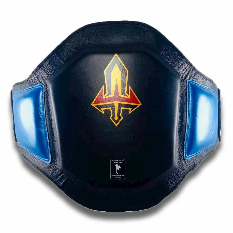Black and blue Muay Thai belly pad with an Arwut emblem on a white background