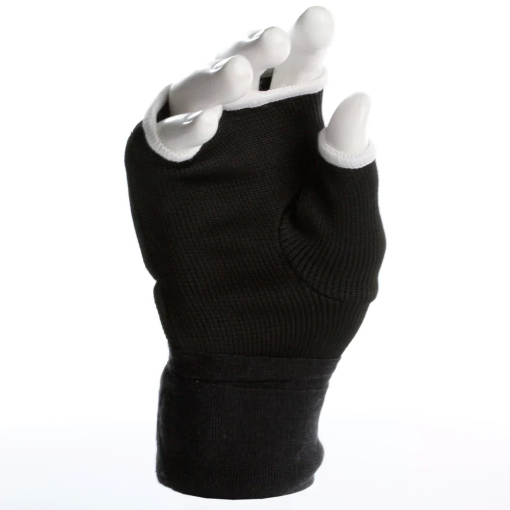 Black fingerless glove with white accents on a white background