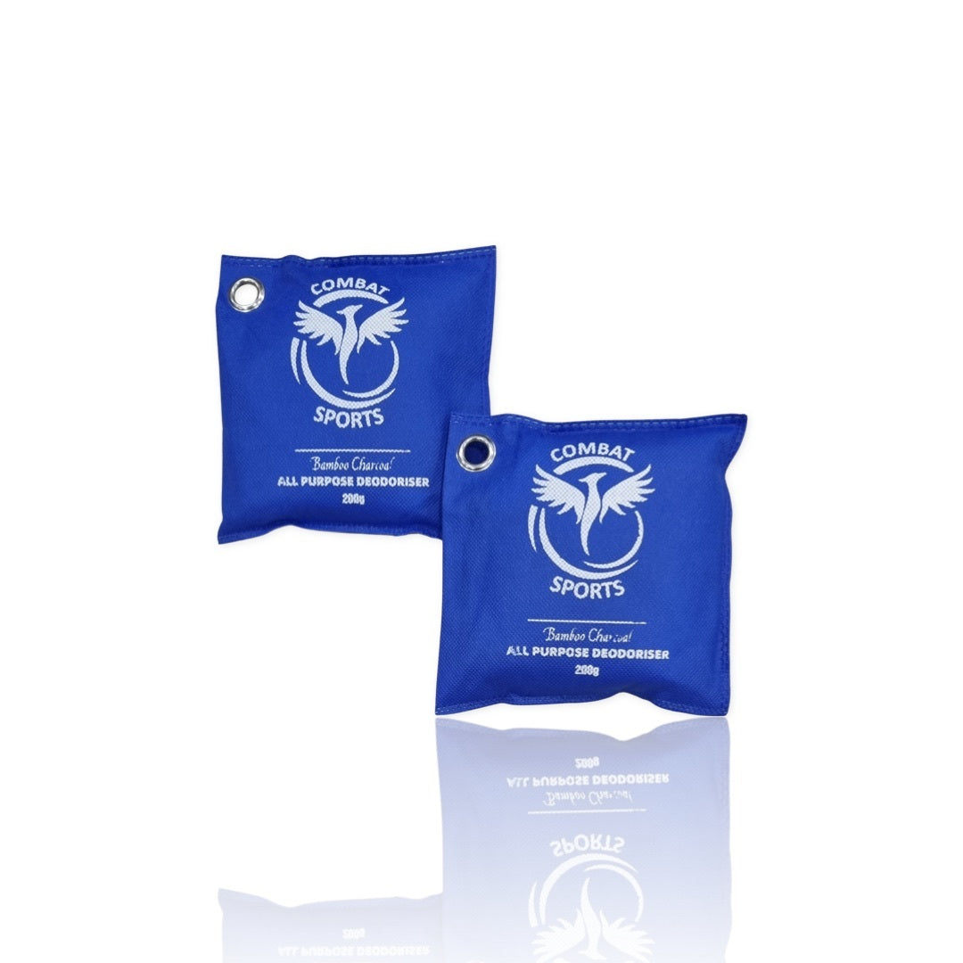 Two blue deodorant packets with 'Combat Sports' branding on a white background.