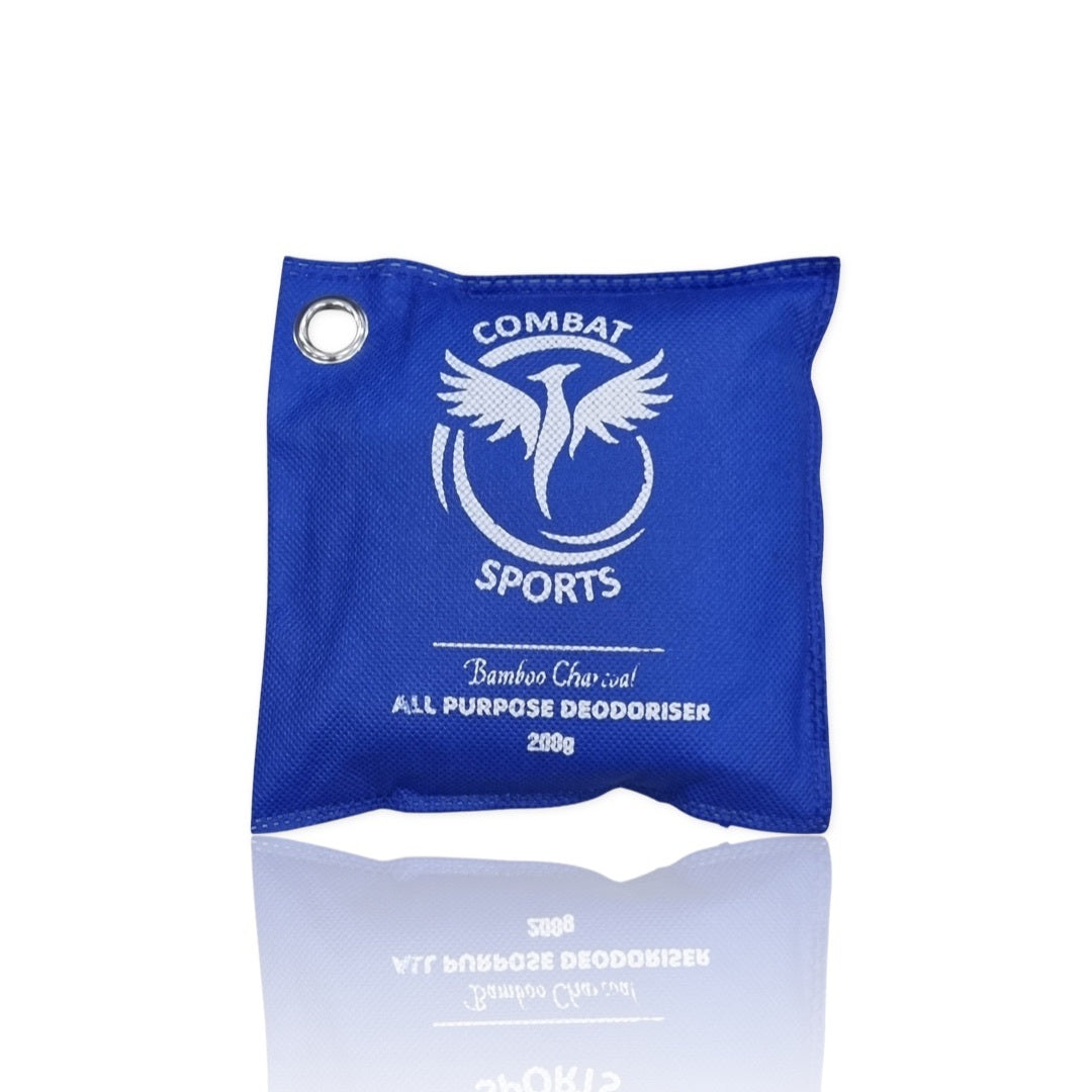 Blue deodorizer bag with 'Combat Sports' branding on a white background