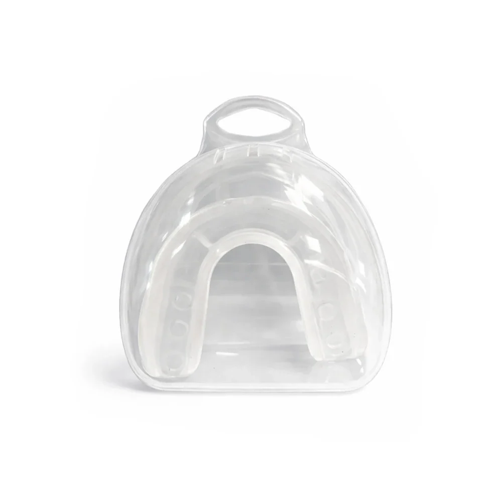Clear plastic mouthguard case on a white background