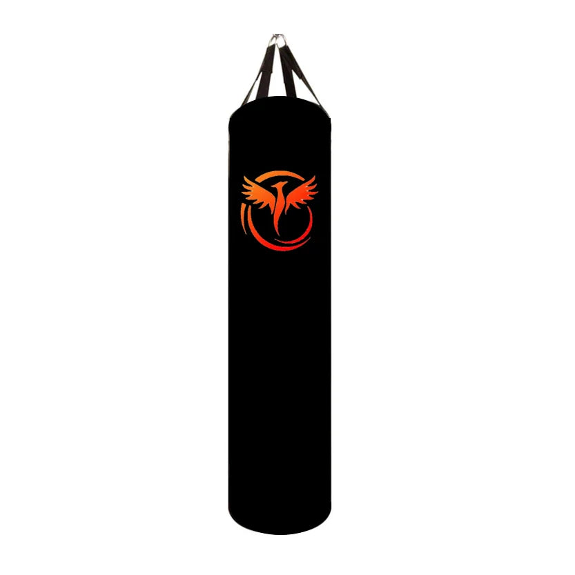 Black punching bag with a red and yellow logo on a white background