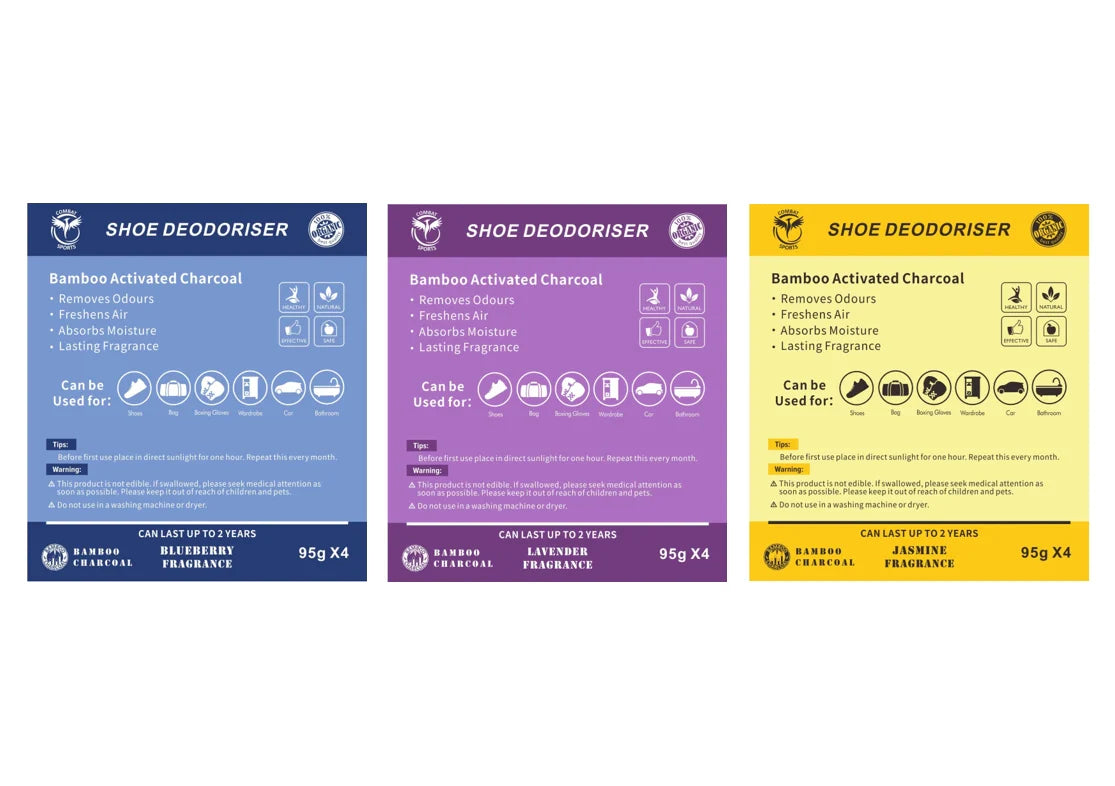 Three packages of shoe deodorizers with different color schemes on a white background.