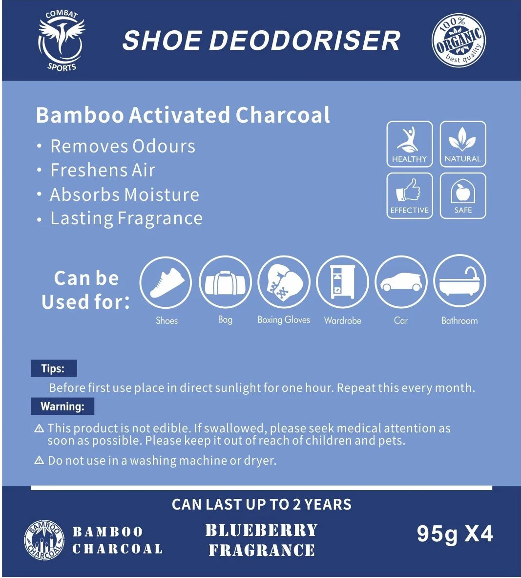 Shoe deodoriser packaging with blue background and product details.