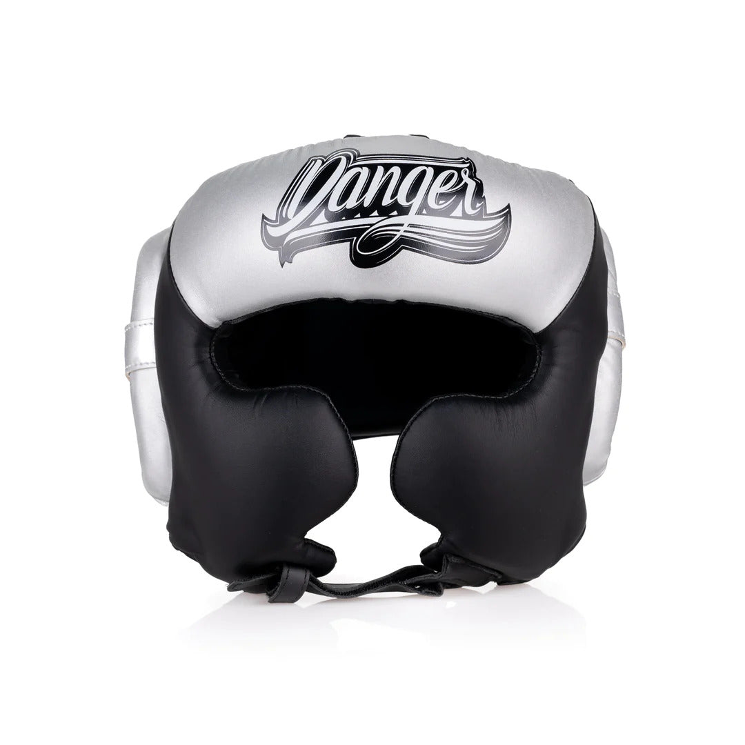 Black and silver boxing headgear with 'Danger' branding on a white background