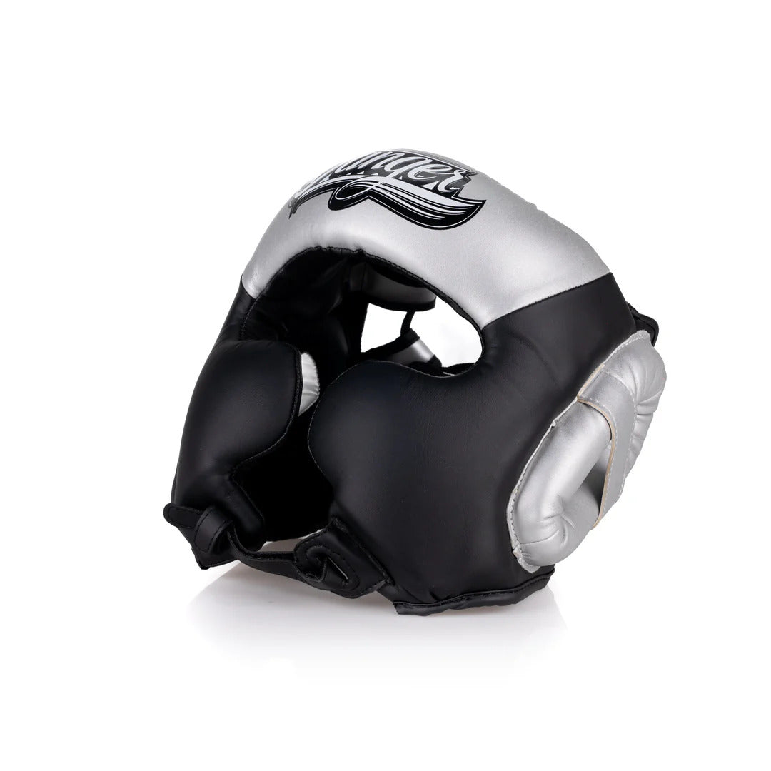 Black and silver Danger boxing headgear on a white background