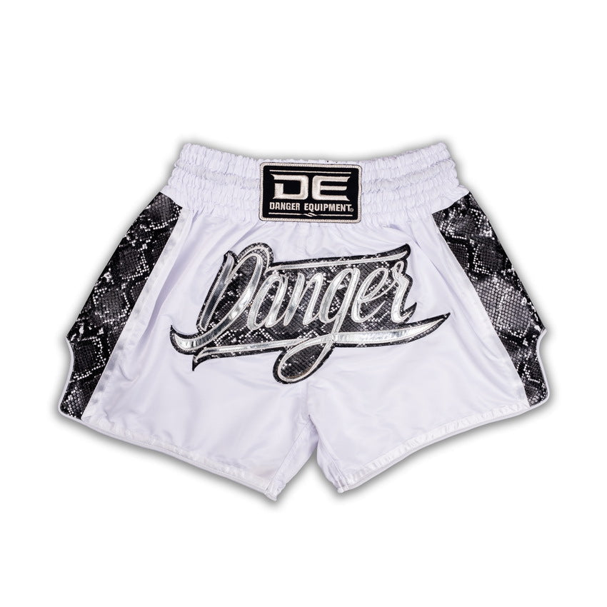 White shorts with black text and graphics on a white background