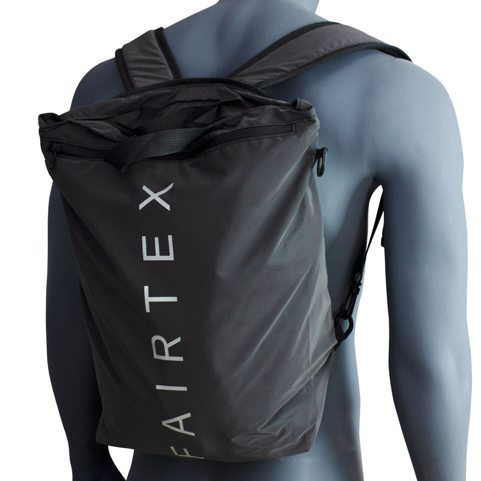 Black backpack with 'FAIRTEX' branding on a mannequin