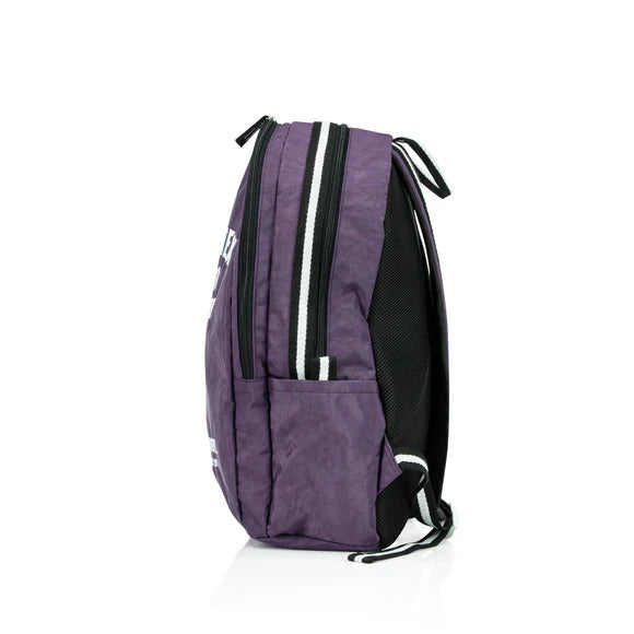 Purple backpack with black and white accents on a white background