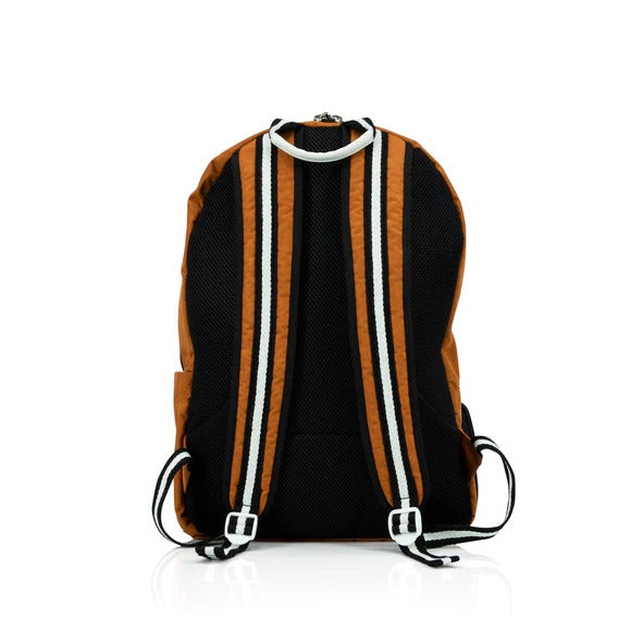 Backpack with brown and black striped design on a white background